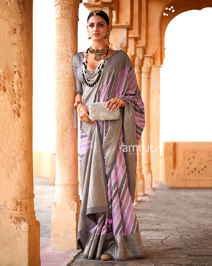 Lavender Striped Pattern and Grey Silver Border Silk Saree with Unstitched Blouse