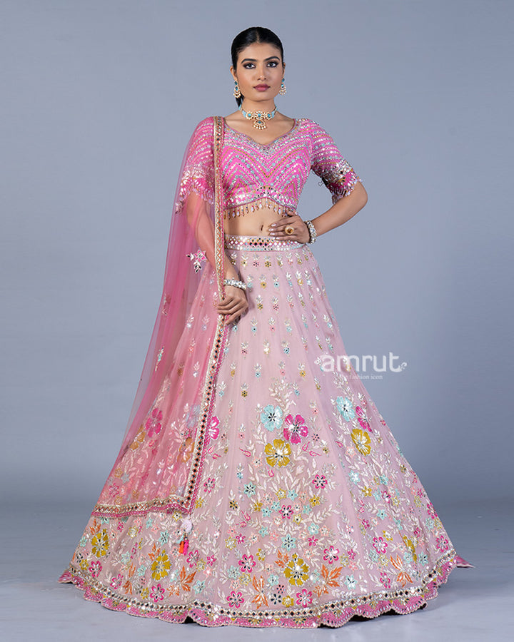 Light Pink Floral Embroidered Lehenga and Embellished Choli with Ombre Dupatta