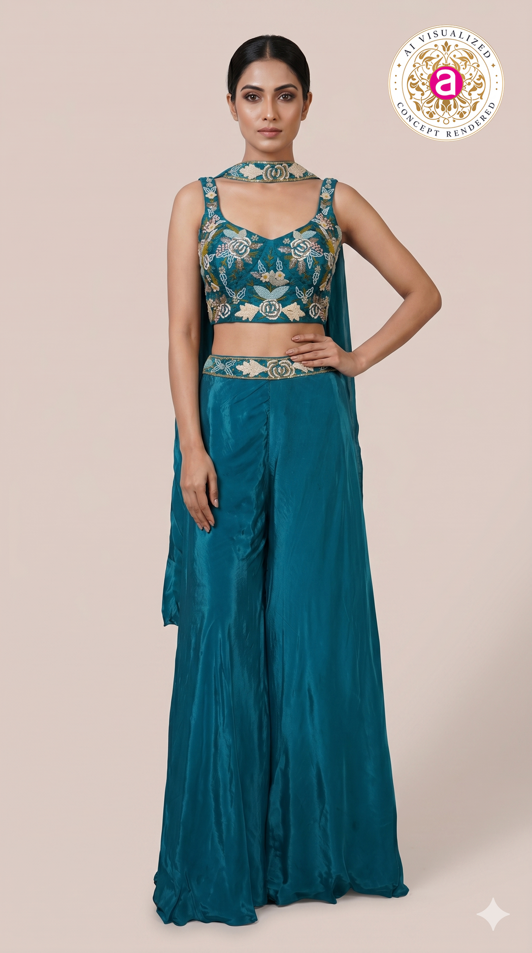 Teal Blue Embroidered Crop Top with Palazzo Pants & Cape Dupatta Set
