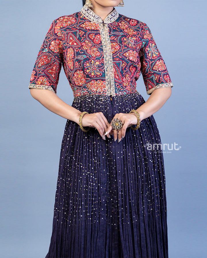 Dark Lavender Floor-Length Kurti with Printed Palazzo Pants