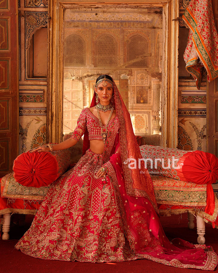 Crimson Pink Elegance Golden Embroidered Bridal Lehenga with Gradient Dupatta