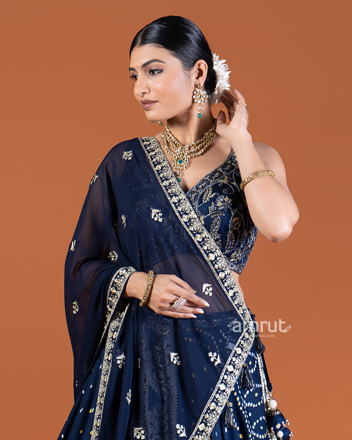 Blue Bandhani Lehenga with Embroidered Choli and Draped Dupatta