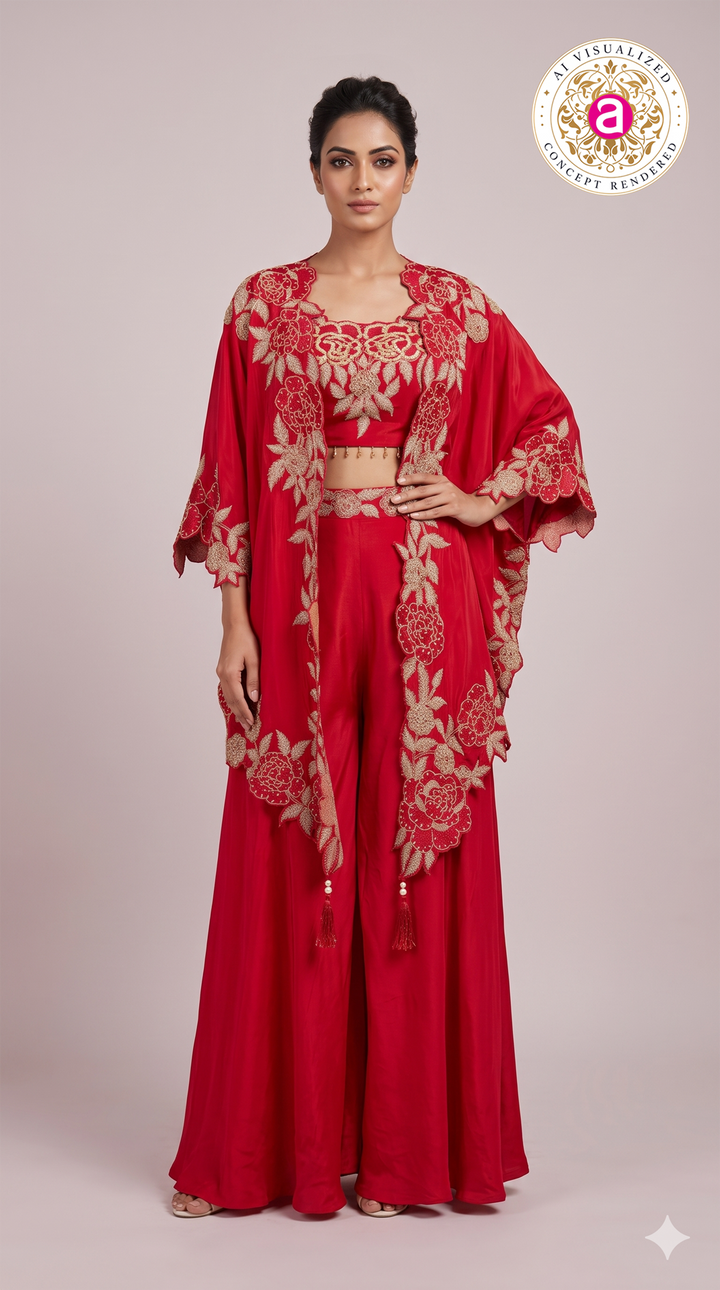 Crimson Red Palazzo Set with Embroidered Cape
