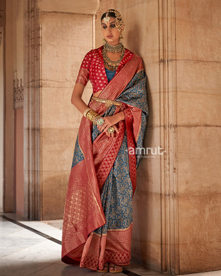 Gray-Blue and Reddish-Maroon Gold-Toned Ethnic Motifs Design Zari Silk Saree with Unstitched Blouse