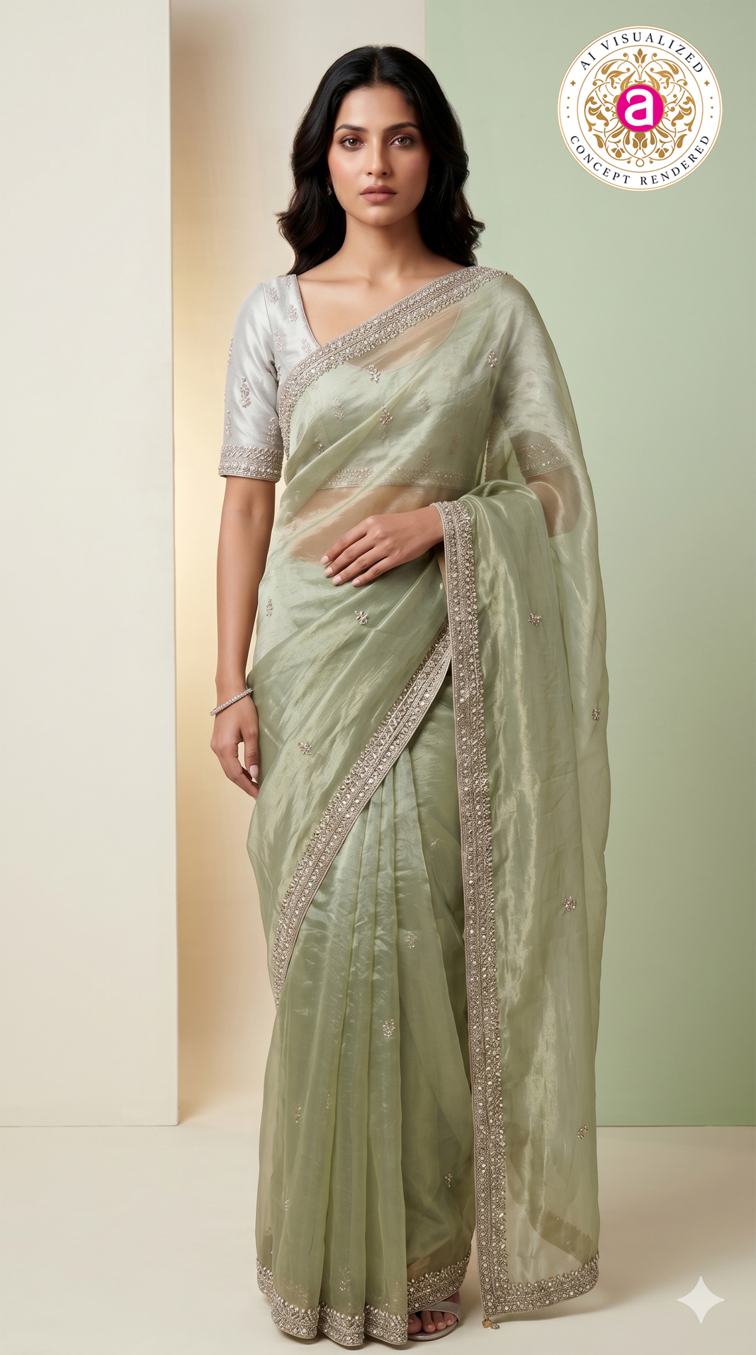 Sage Green Organza Silk Saree with Hand Embroidered Border