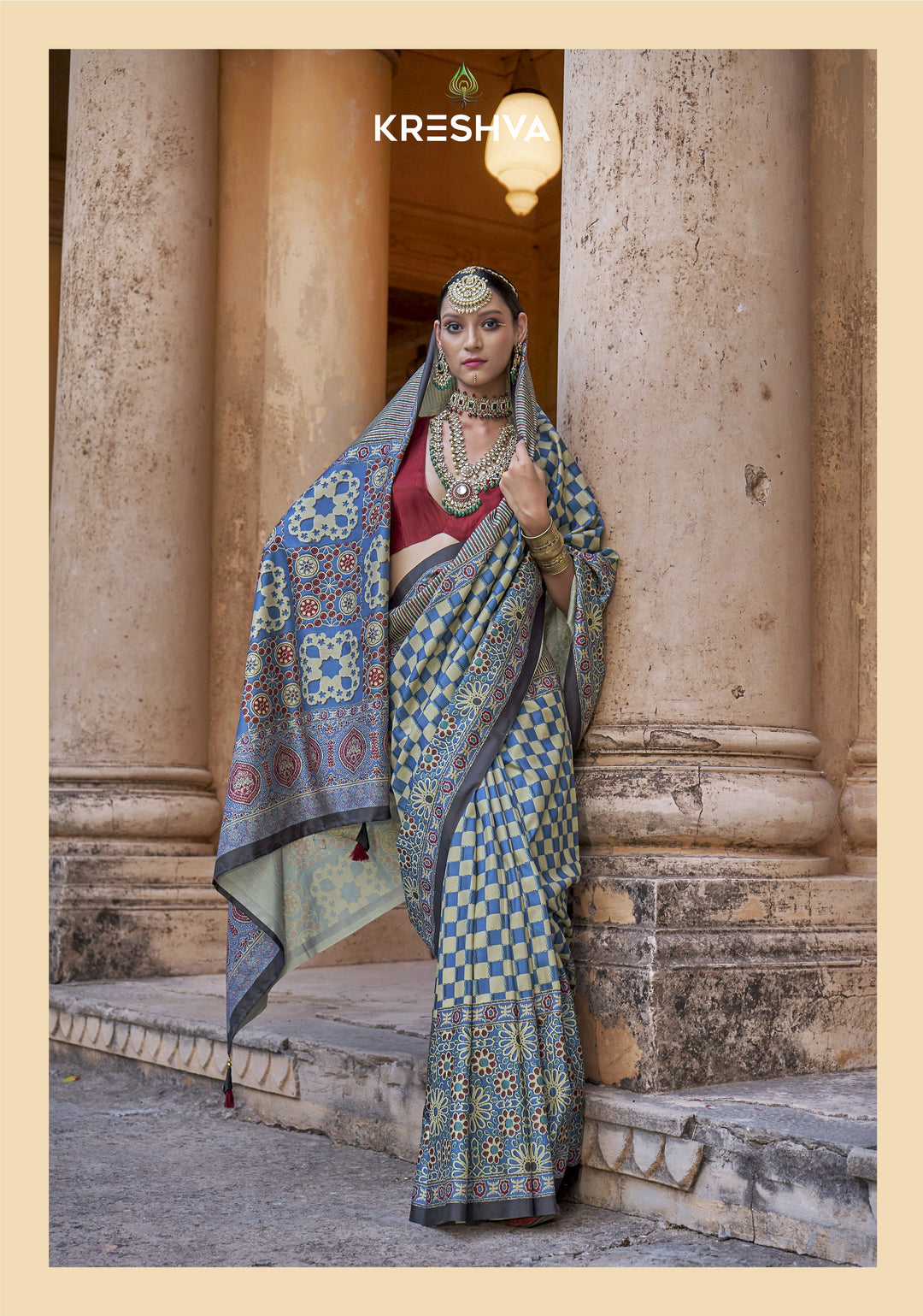 Sky Blue Ajrakh Printed Saree with Traditional Heritage Motifs