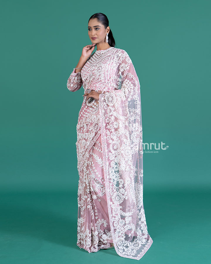 Light Pinkish-Rose Net Saree with White Embroidery and Beaded Long Sleeve Blouse