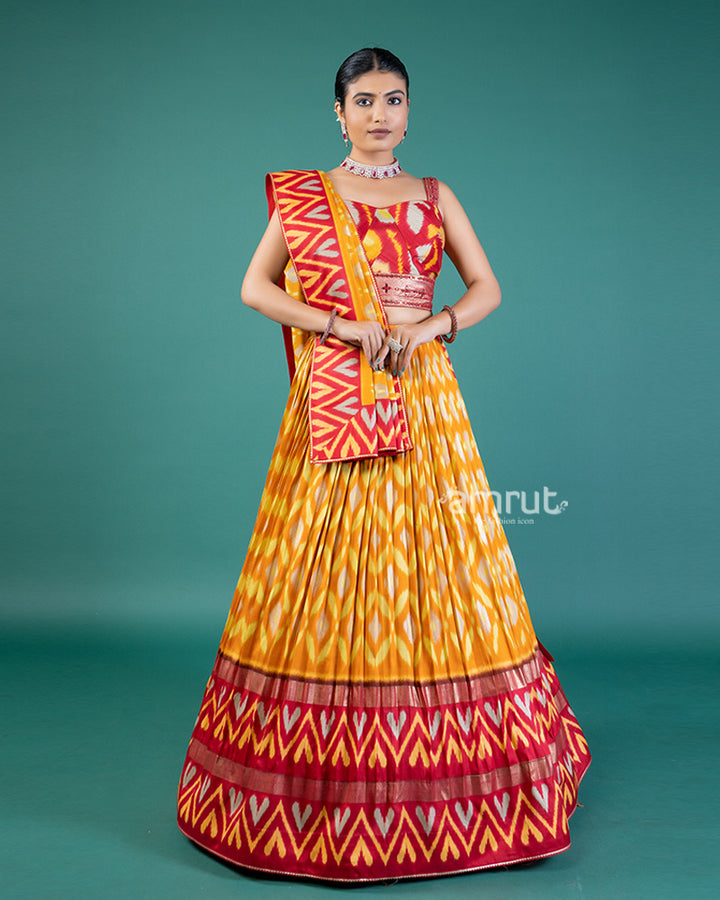 Red & Yellow Ikat Printed Lehenga Choli with Dupatta