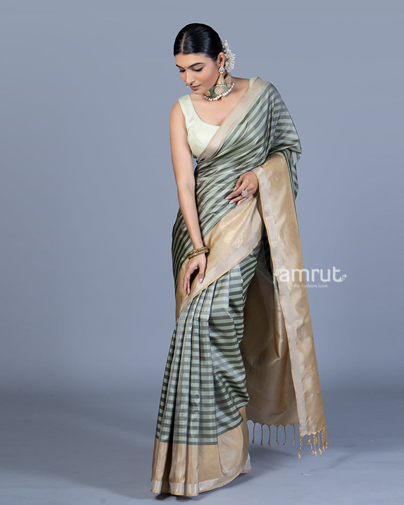 Light Sage Green and Beige Striped Saree with Unstitched Blouse