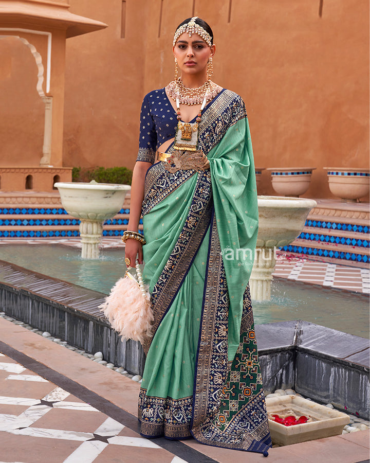 Turquoise Zari Weaving Blue Border Saree in Patola Silk with Unstitched Blouse