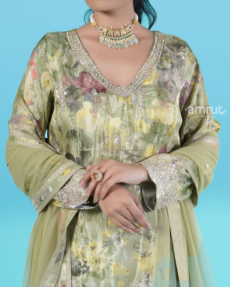 Light Olive Green Floral Embroidered Salwar Kameez and Dupatta