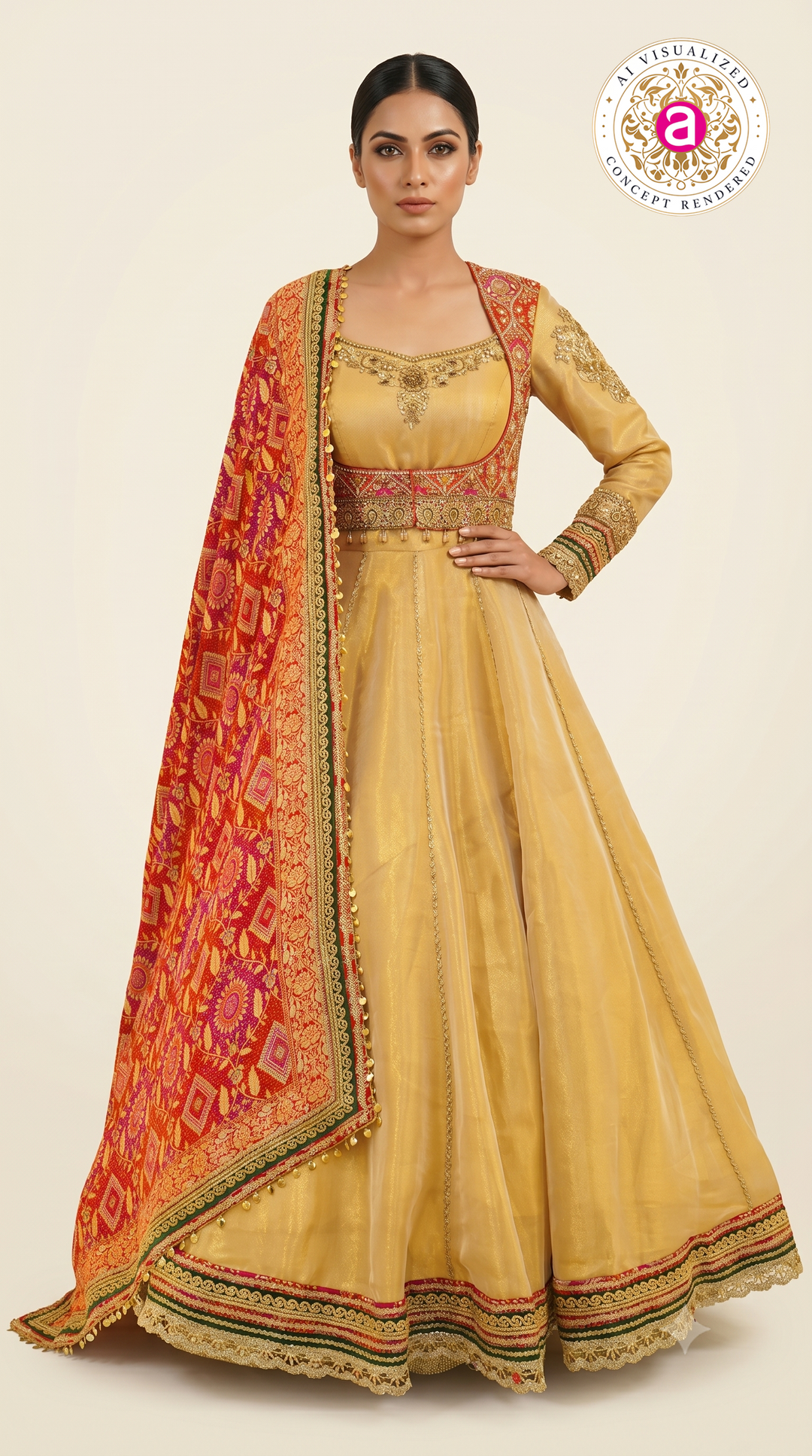 Golden Beige Anarkali Gown with Heritage Printed Dupatta