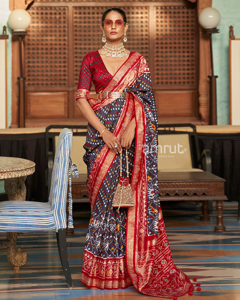 Grey with Red Pallu Patola Saree and Unstitched Blouse