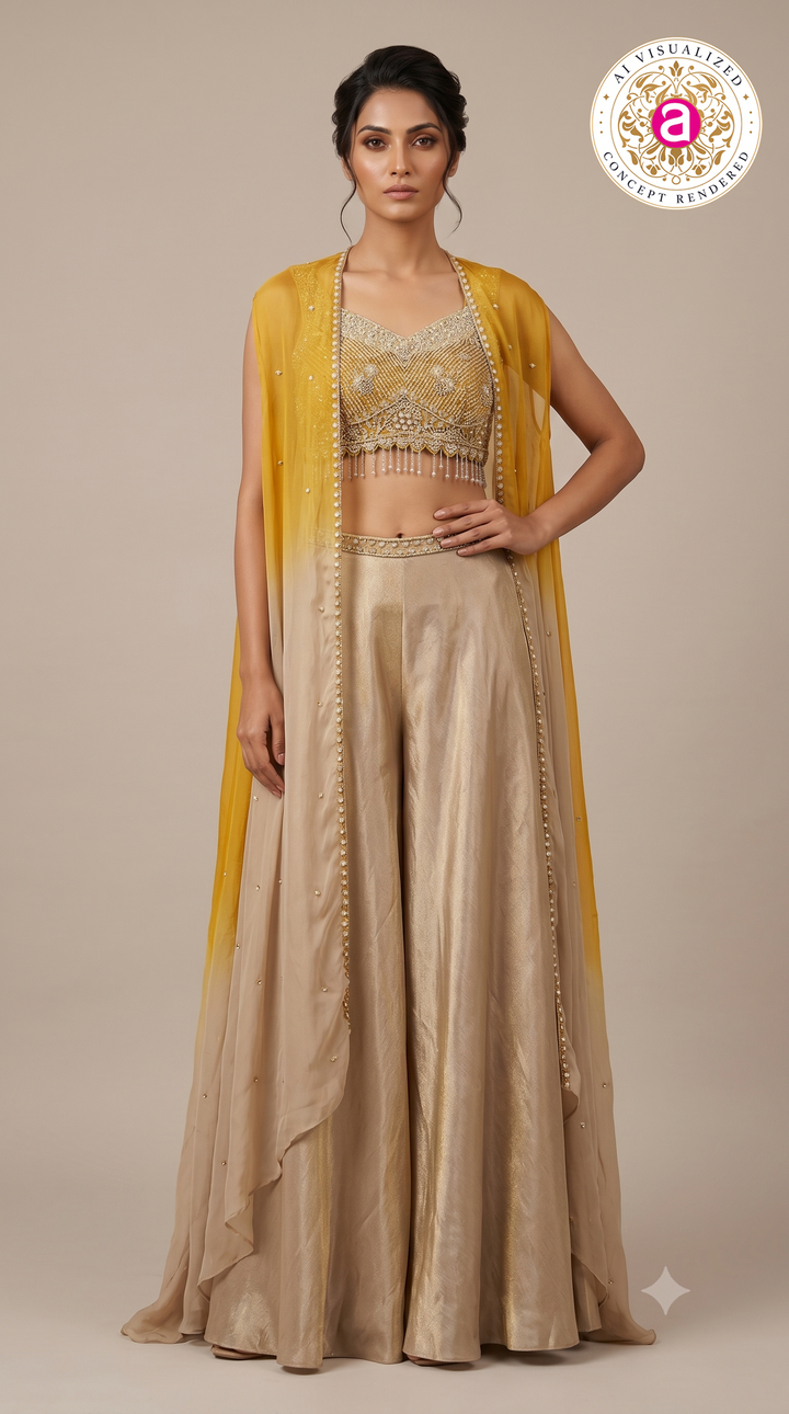 Mustard Yellow Cape Style Palazzo Set with Embellished Blouse