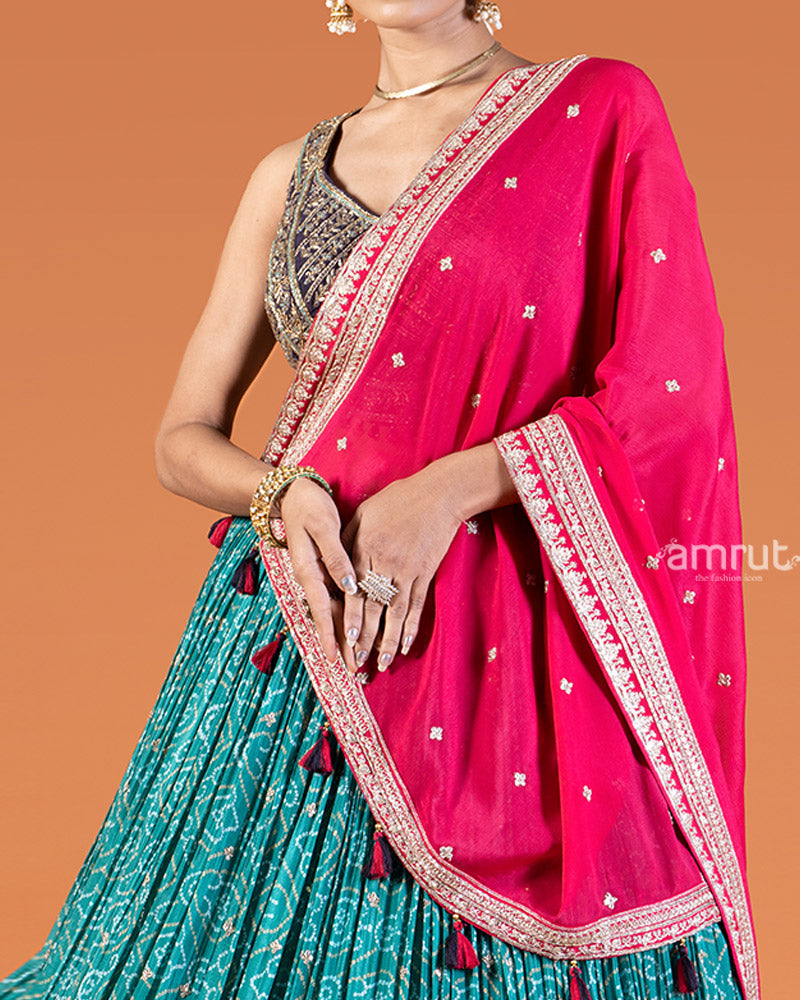 Teal Bandhani Lehenga with Purple Choli and Pink Dupatta Set