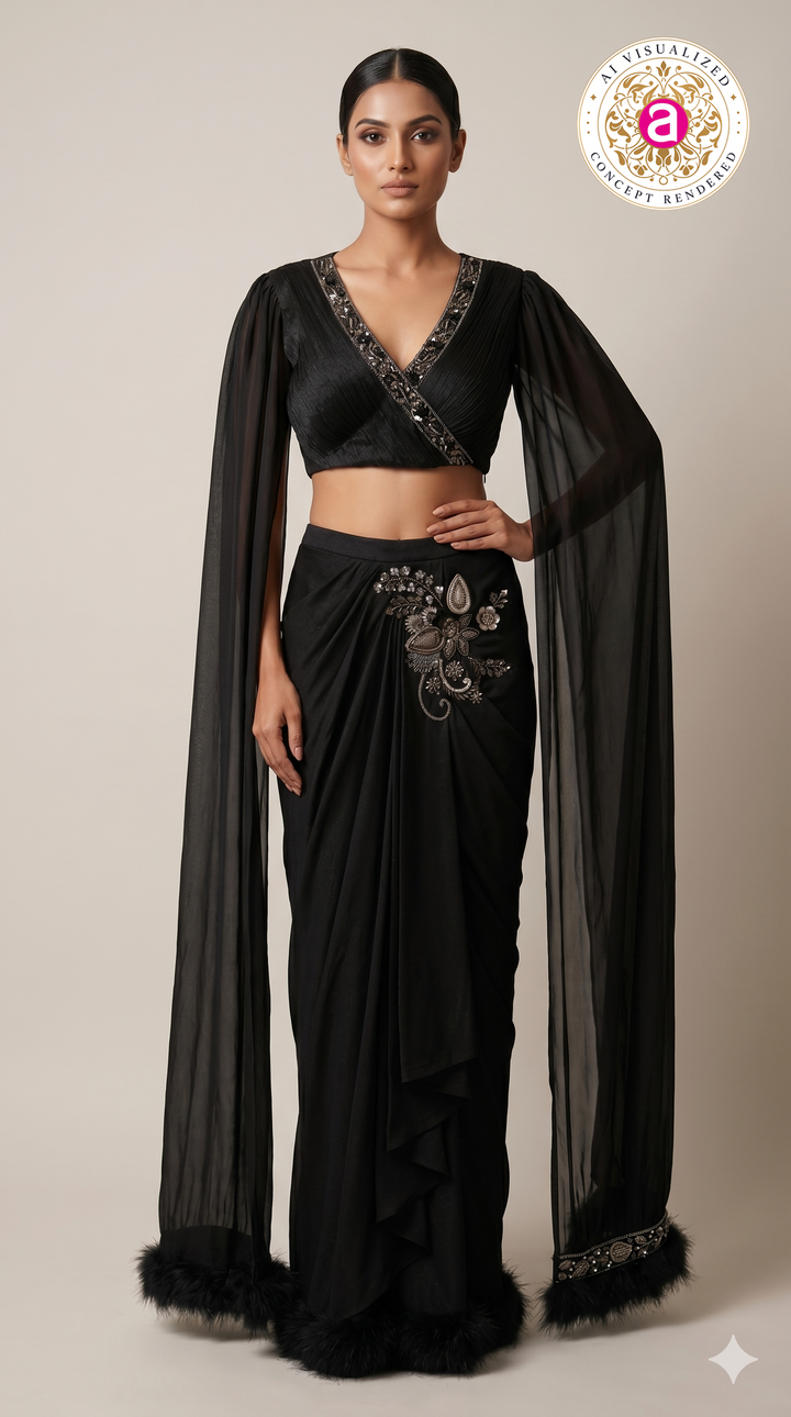Black Glam Indo-Western Drape Saree with Cape Sleeves