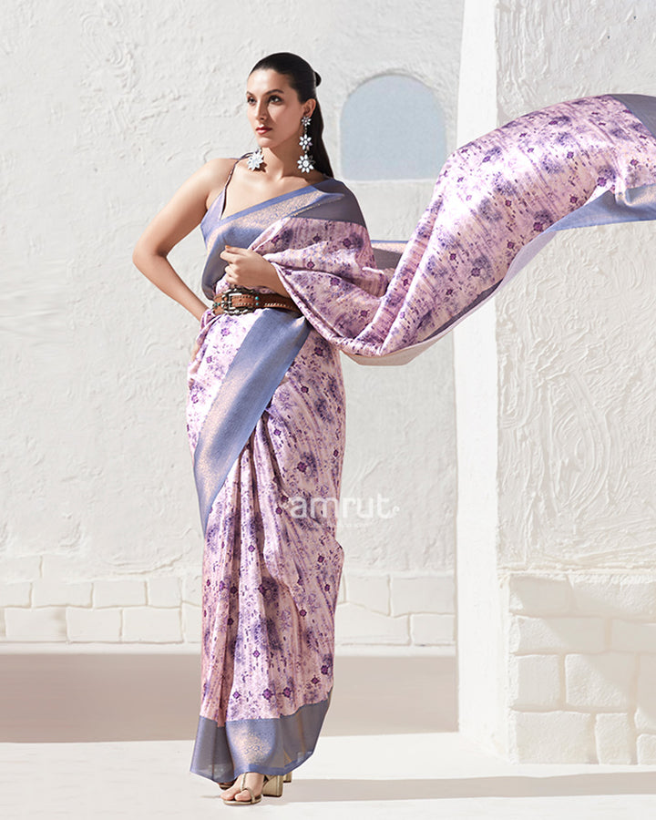 Periwinkle Floral-Print Lavender Silk Saree with Unstitched Blouse