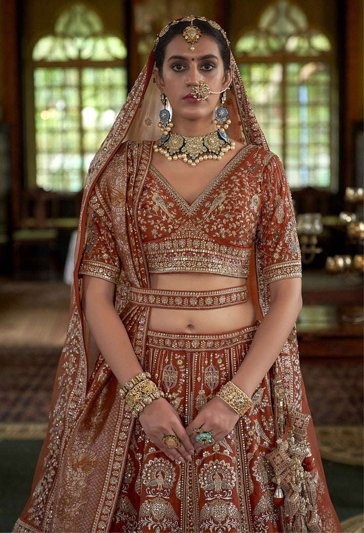 Terracotta Rust Bridal Lehenga with Zardozi & Heritage Peacock Motifs – Double Dupatta Royal