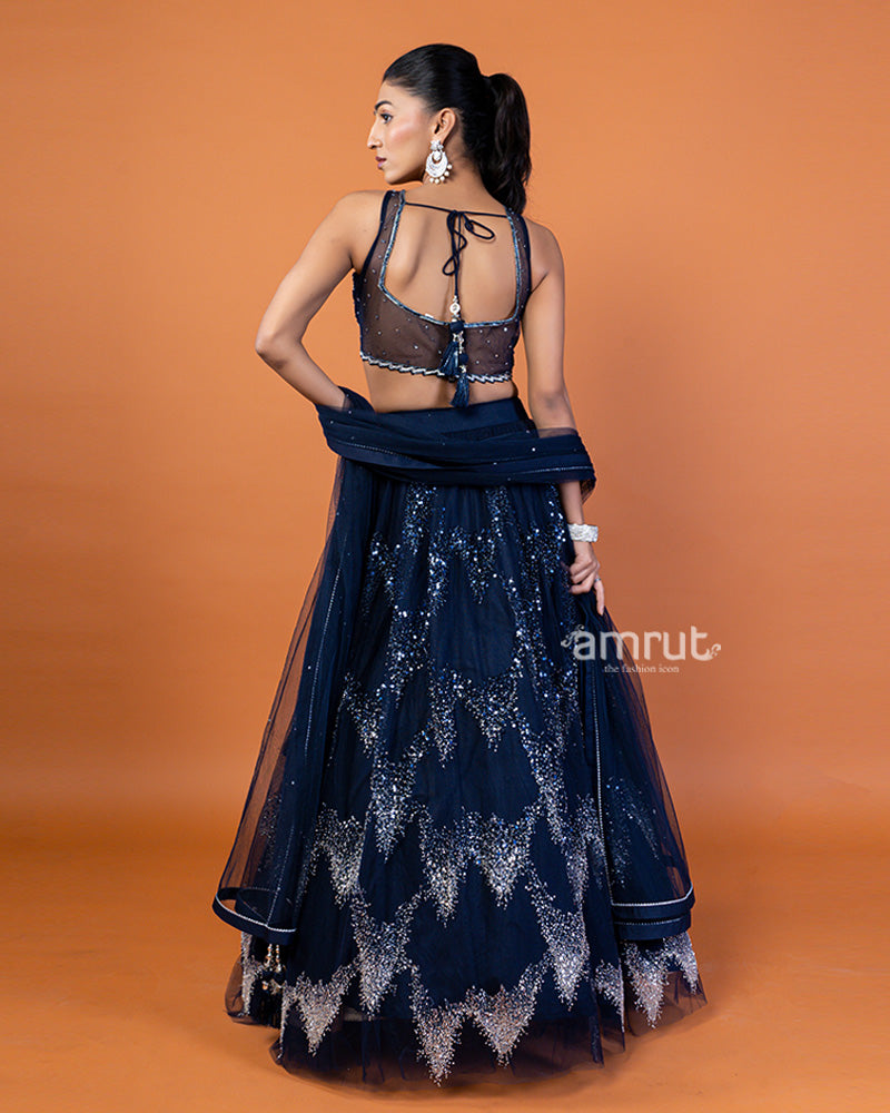 Navy Blue Silver Sequin Embellished Lehenga Choli with Dupatta