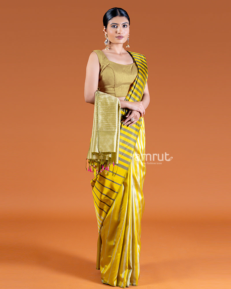 Light Grayish-Green Saree with Pale Yellow Stripes with Unstitched Blouse