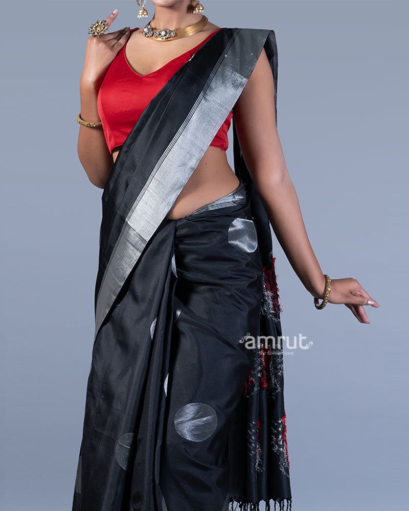 Black with Silver Zari Circular Motifs, Red Pallu Design Saree with Unstitched Blouse