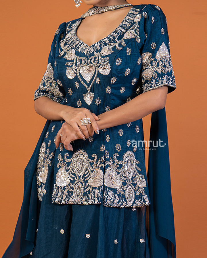 Zodiac Blue Sequin-Embellished Plum Top with Palazzo & Dupatta