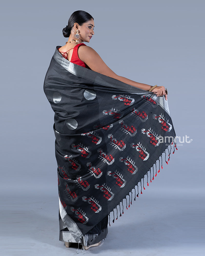 Black with Silver Zari Circular Motifs, Red Pallu Design Saree with Unstitched Blouse