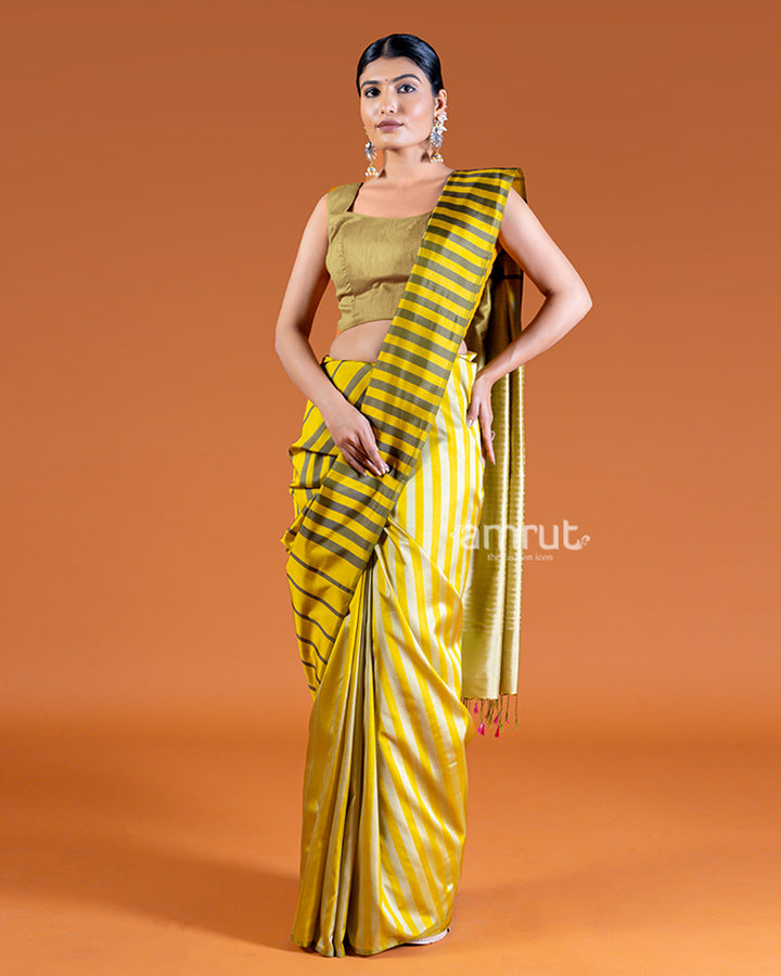 Light Grayish-Green Saree with Pale Yellow Stripes with Unstitched Blouse