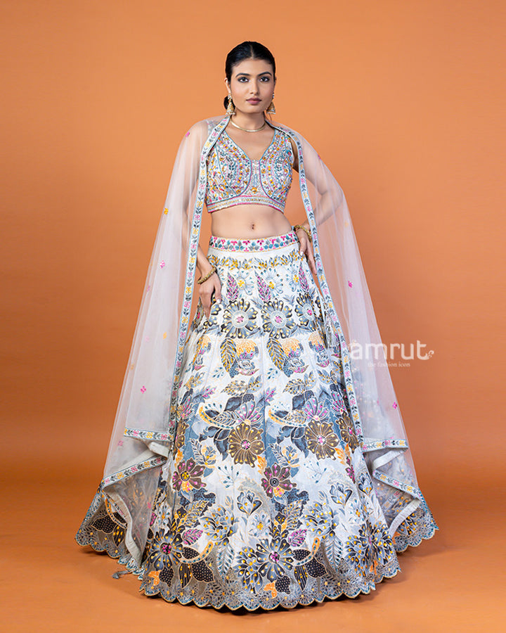 Light Gray Floral Print Lehenga Choli with Embellished Dupatta