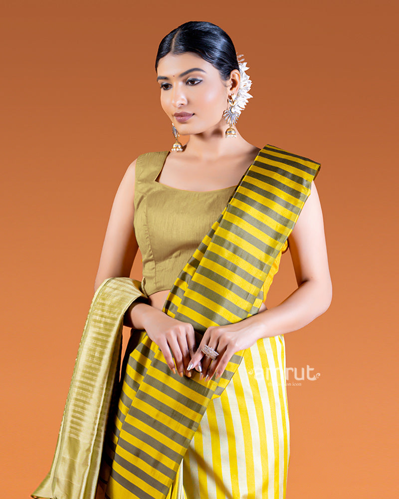 Light Grayish-Green Saree with Pale Yellow Stripes with Unstitched Blouse