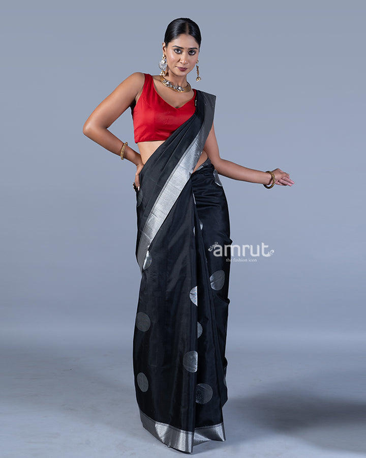 Black with Silver Zari Circular Motifs, Red Pallu Design Saree with Unstitched Blouse