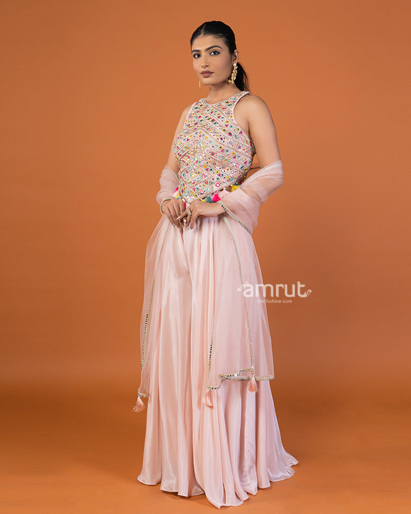 Pastel Pink Palazzo with Mirror Embroidery Embellished Crop Top & Dupatta