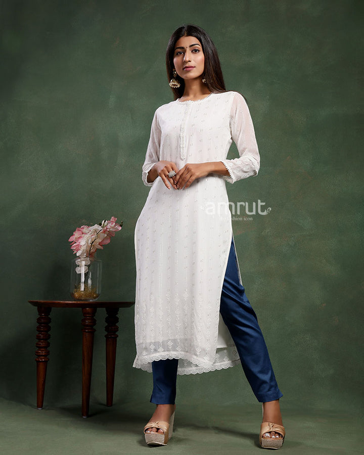 Beautiful White Georgette Kurta with 3/4th Sleeves