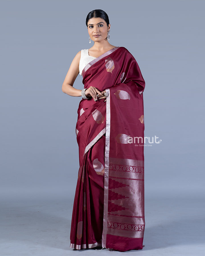 Deep Burgundy Maroon with Silver Zari Floral Motifs Saree with unstitched blouse