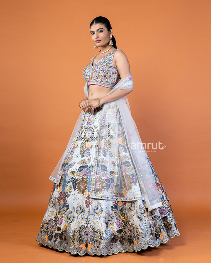 Light Gray Floral Print Lehenga Choli with Embellished Dupatta