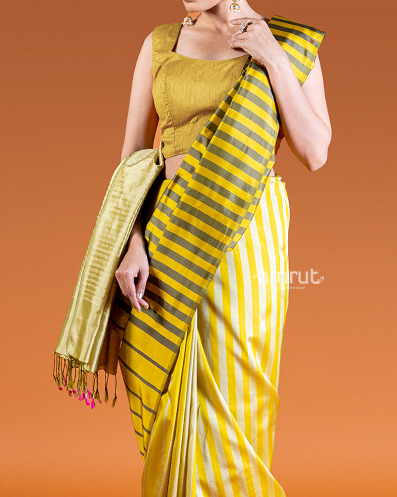 Light Grayish-Green Saree with Pale Yellow Stripes with Unstitched Blouse