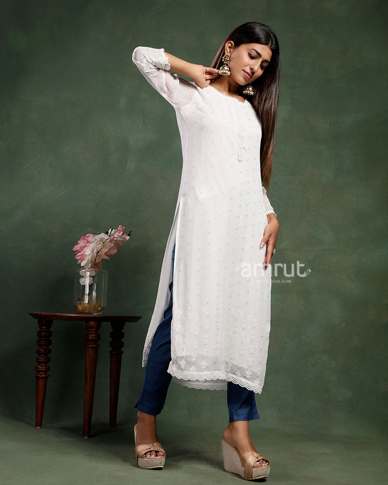 Beautiful White Georgette Kurta with 3/4th Sleeves