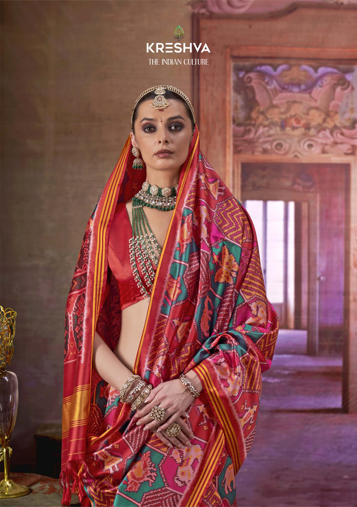 Green Patan Patola Style Silk Saree with Multicolour Ikat Motifs