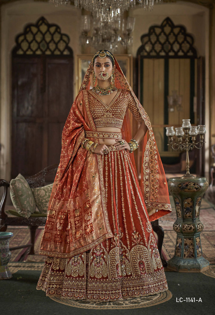 Rust-Orange Bridal Lehenga with Double Dupatta & Zari-Resham Embroidery