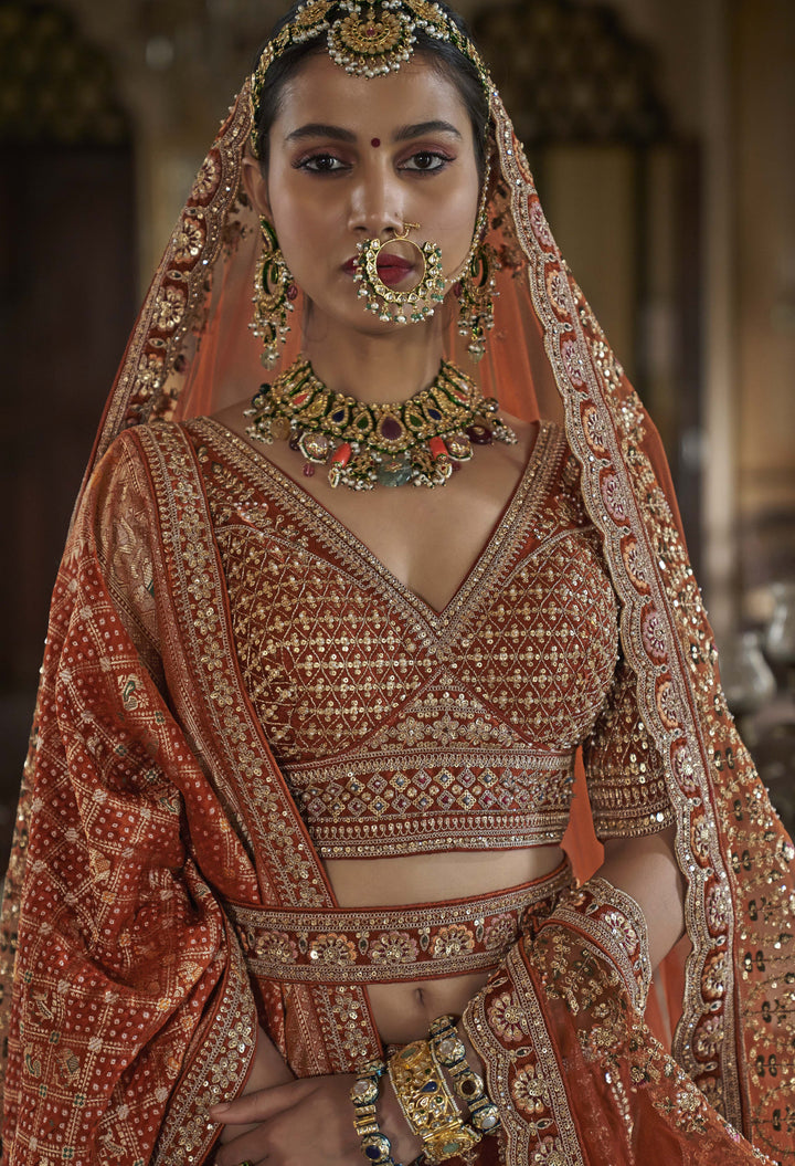 Rust-Orange Bridal Lehenga with Double Dupatta & Zari-Resham Embroidery