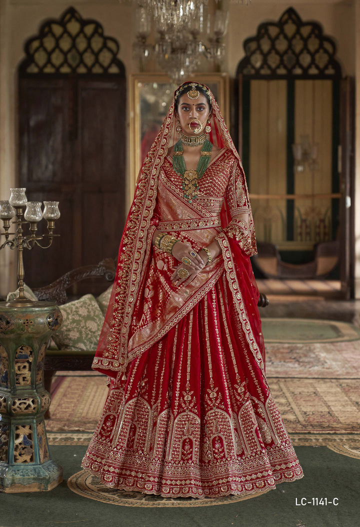 Classic Red Bridal Lehenga with Double Dupatta & Heavy Zari-Resham Embroidery