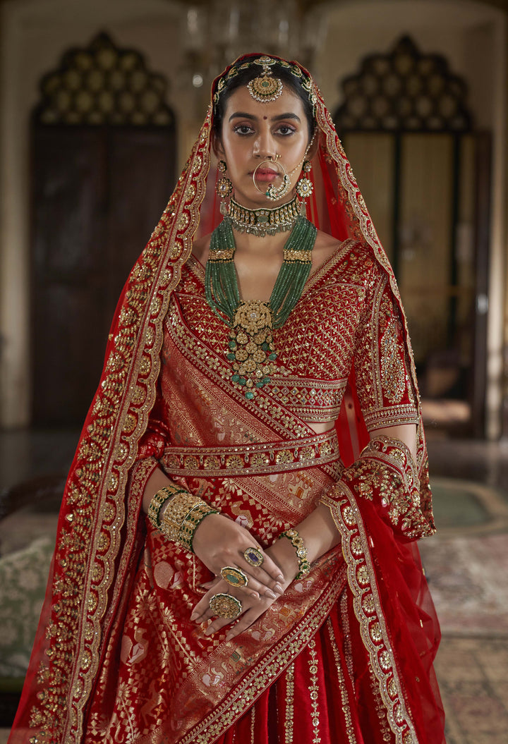 Classic Red Bridal Lehenga with Double Dupatta & Heavy Zari-Resham Embroidery