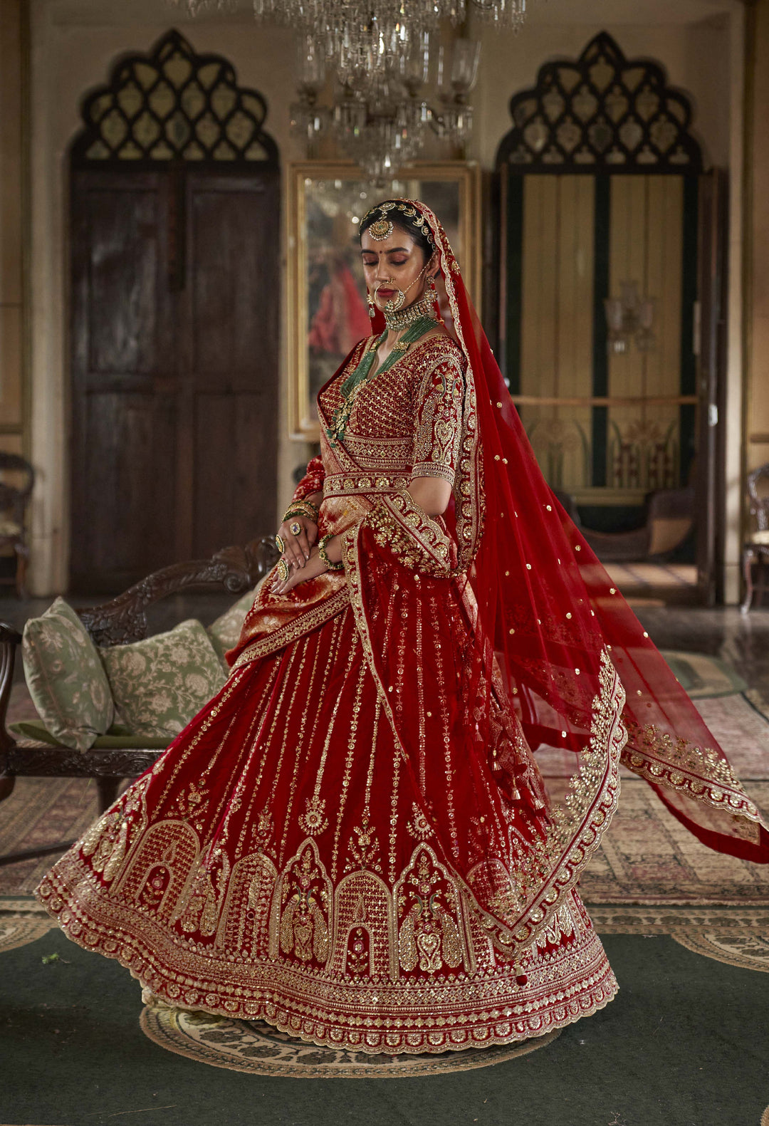 Classic Red Bridal Lehenga with Double Dupatta & Heavy Zari-Resham Embroidery
