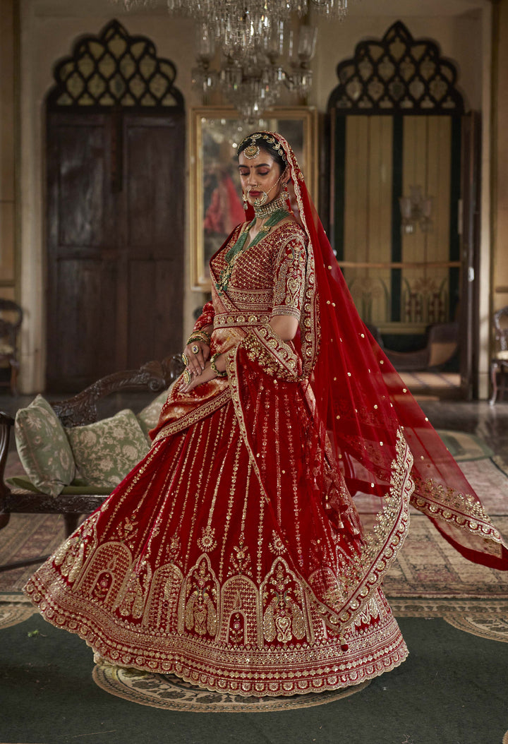 Classic Red Bridal Lehenga with Double Dupatta & Heavy Zari-Resham Embroidery