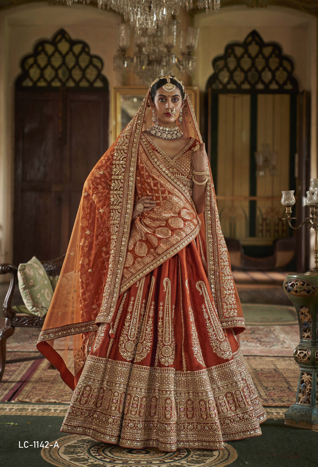 Rust Orange Bridal Lehenga with Double Dupatta & Heritage Zari Embroidery Rust Orange Bridal Lehenga with Double Dupatta & Heritage Zari Embroidery