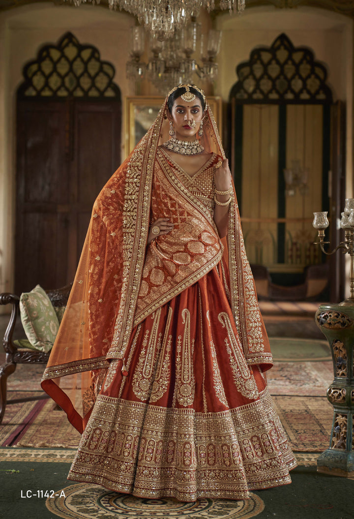 Royal Burnt Orange Silk Bridal Lehenga with Heavy Zari Embroidery & Double Dupatta