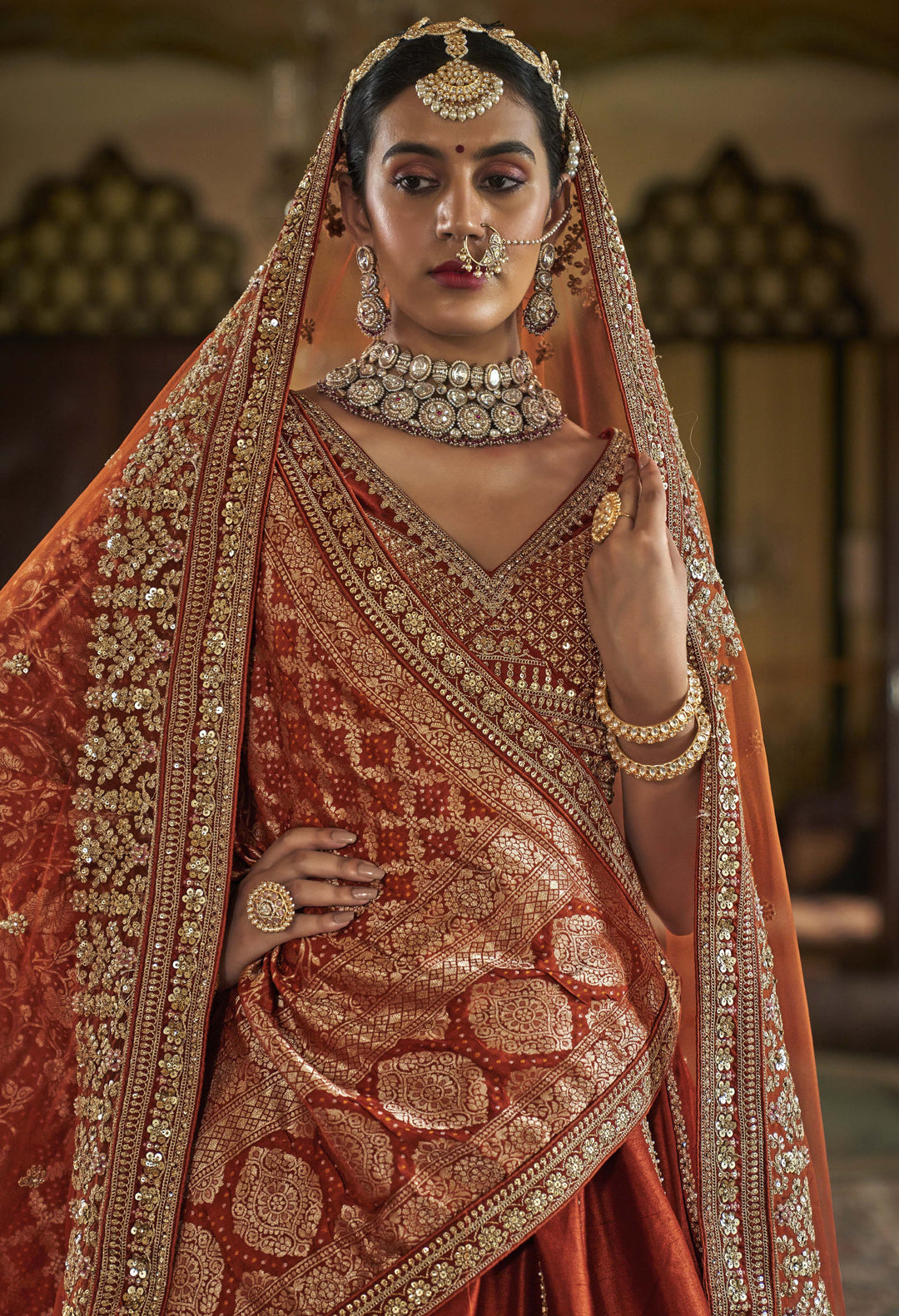 Rust Orange Bridal Lehenga with Double Dupatta & Heritage Zari Embroidery