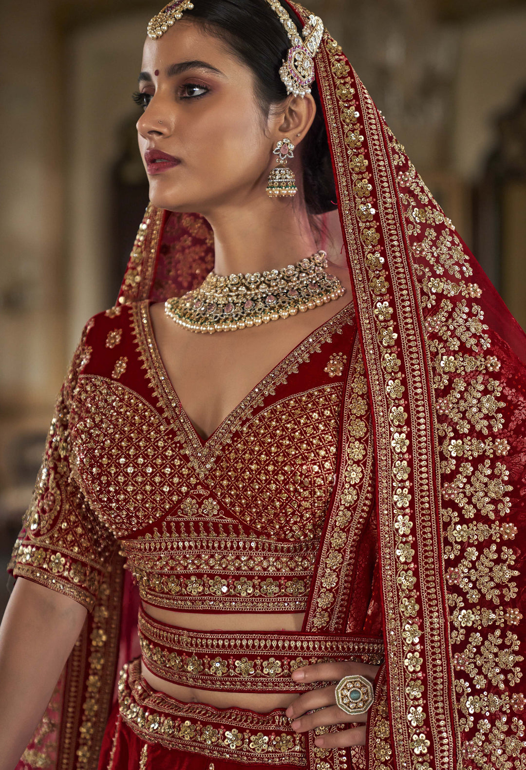 Crimson Red Bridal Lehenga with Double Dupatta & Heavy Zari Embroidery