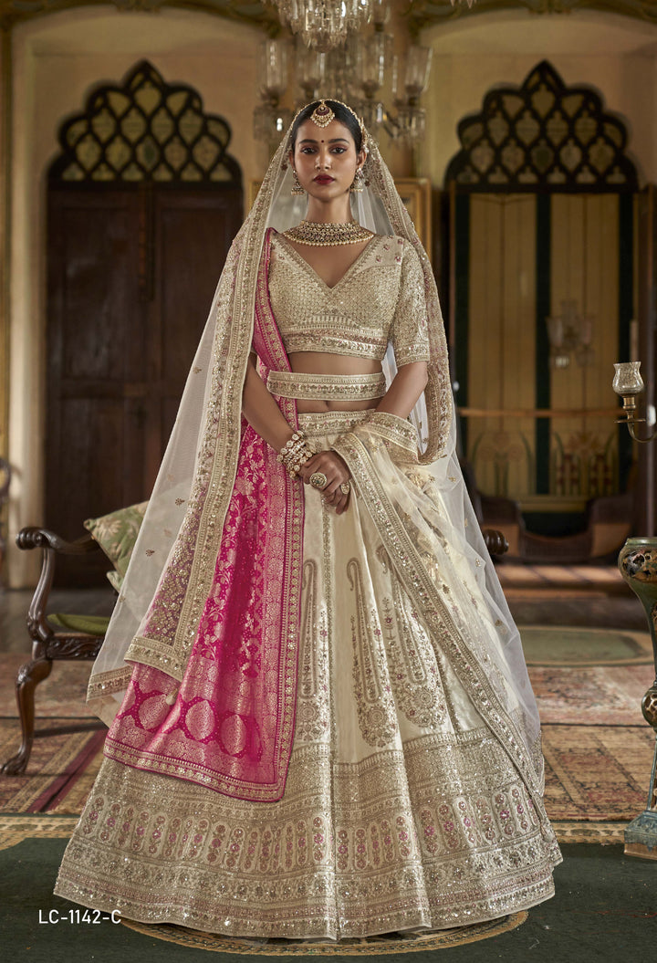 Ivory Bridal Lehenga with Contrast Pink & White Double Dupatta