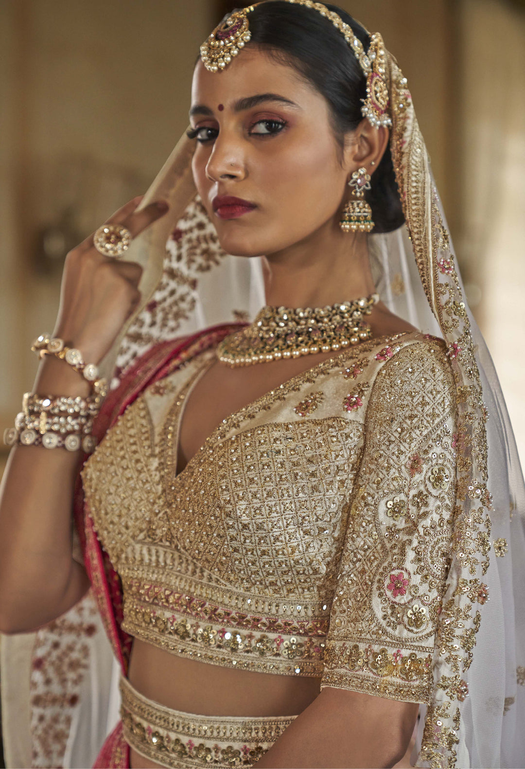 Ivory Bridal Lehenga with Contrast Pink & White Double Dupatta